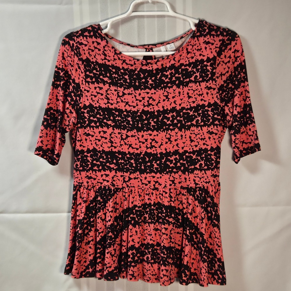 Elle Peplum Top Womens XS Pink Black Floral Stripe Bow Back Short Sleeve Blouse